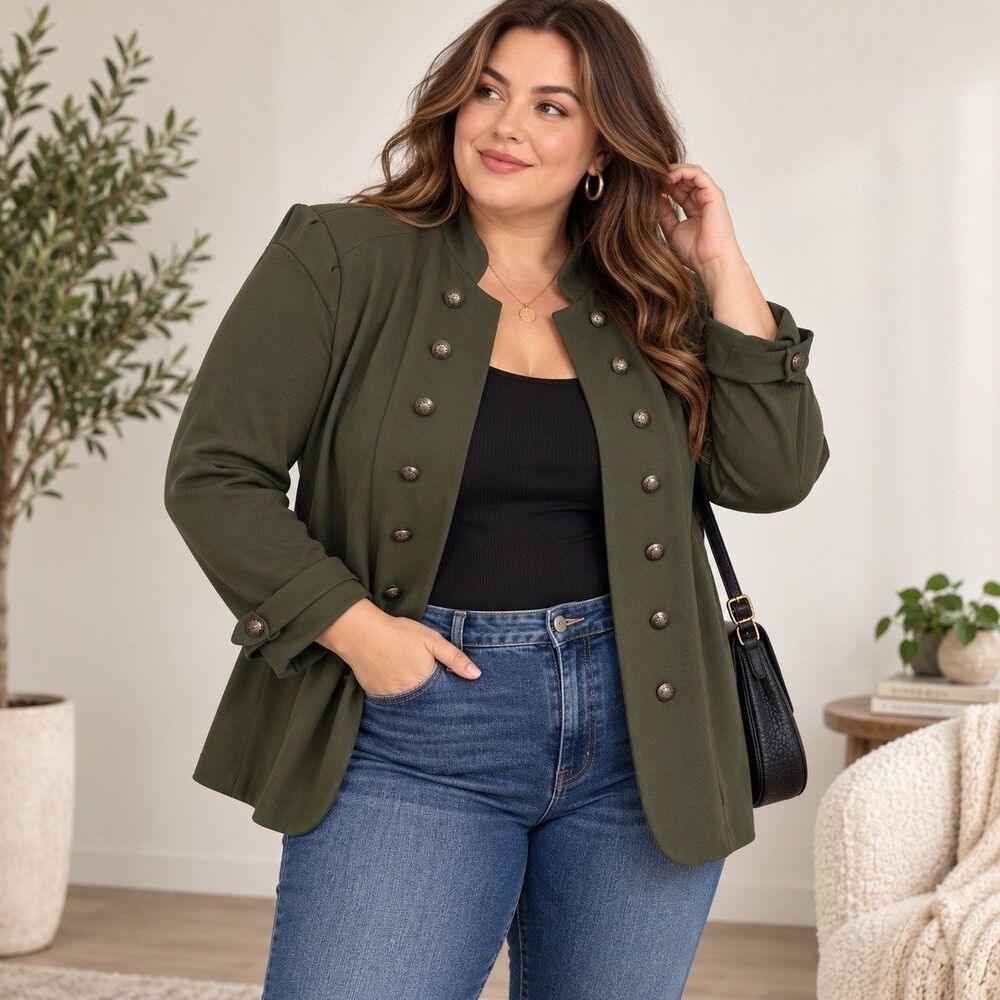ModCloth Plus Size 3X Army Green Military Jacket Double Breasted Brass Buttons